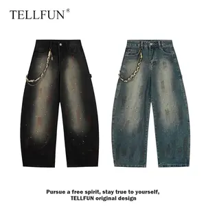 TELLFUN Men's Wide-Leg Cotton Denim Jeans - Loose Relaxed-Fit Baggy, Vintage Washed Paint Splatter, All-Seasons Streetwear Casual Bottoms, Mens Wide-Leg Pants