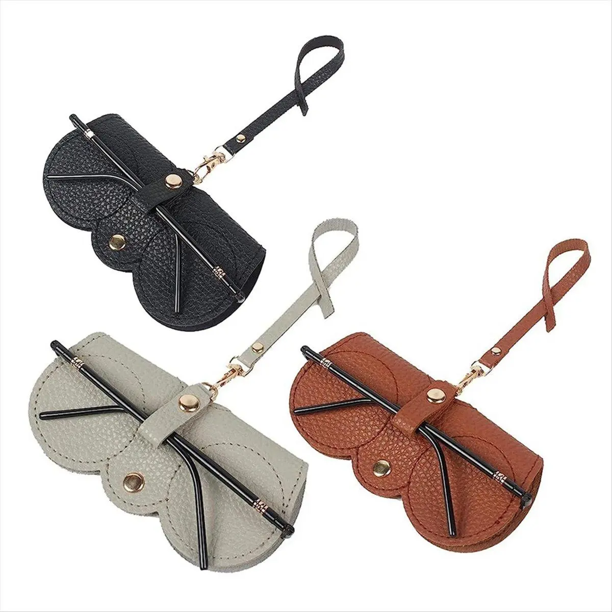 3Pcs Unisex Lightweight PU Leather Sunglasses Bags - Casual Scratch-Safe Eye Glasses Holders with Buttons, Slim Wrist Straps, Portable Organizer Pouches for Daily, Traveling Commercial Appliance Storage