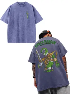 Men's Ranger Retro Washed Power Warrior Print T-Shirt, Long Fitted Casual Tee, Vintage Transformer Design Back Pattern