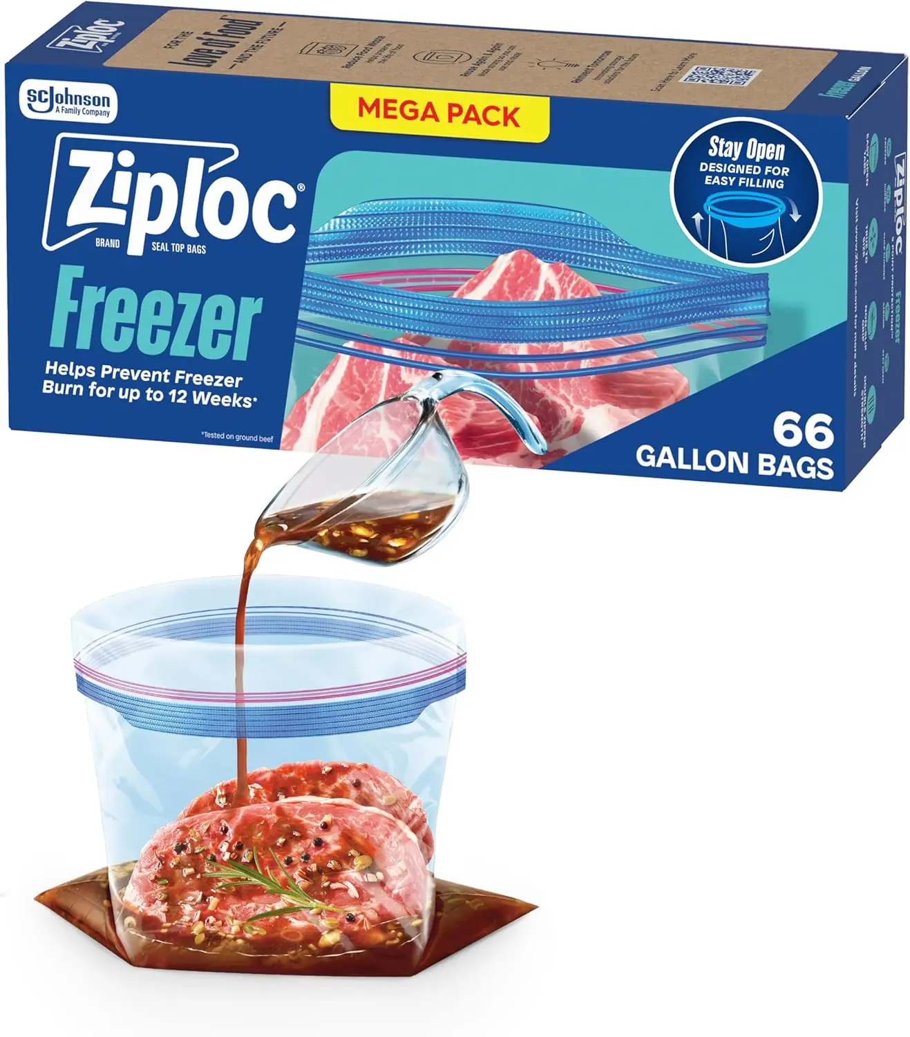 Gallon Freezer Bags – Ziploc 66 Count Food Storage Bags with Stay Open Design for Meal Prep, Freezer Storage & Kitchen Use