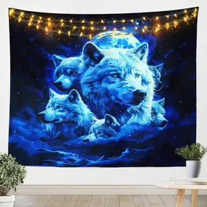 Wolf Tapestry for Living Room,Small 51W"x59L" Moon Light Wall Blanket,Mountain Moon Wolf Wall Hanging,Royal Blue Wall Art Lightweight Multicolor Decor