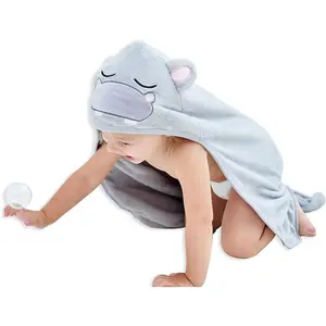 Hooded Towel - Rayon Made from Bamboo, Bath Towel with Bear Ears for Newborn, Babie, Toddler, Infant - Absorbent Large Baby Towel - Hippo, 30 x 30 Inch