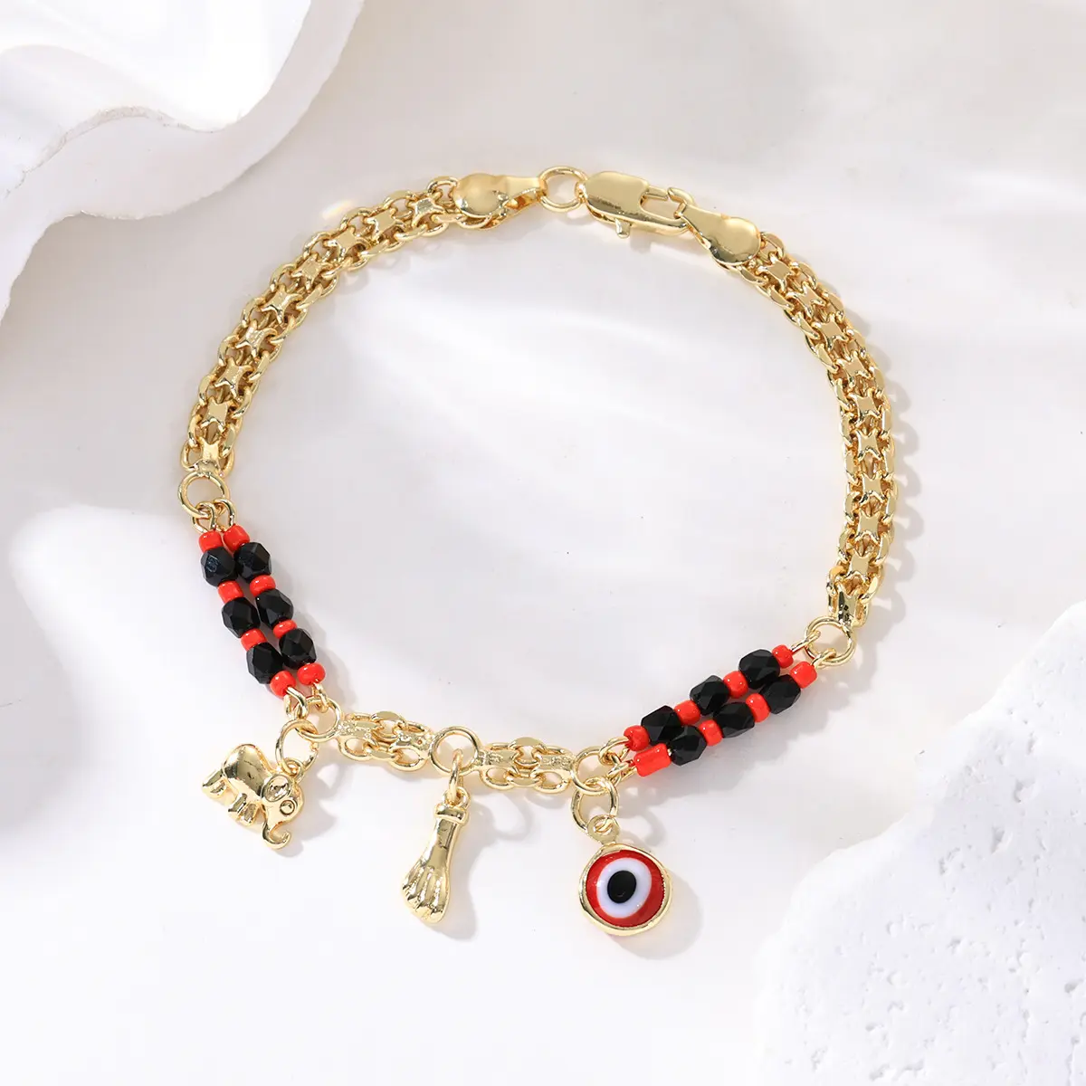 Boho Red and Black Beaded Bracelet with Gold-Plated Devil's Eye & Elephant Charms, Bohemian Festival Jewelry for Women, Beaded Bracelet Set, Party