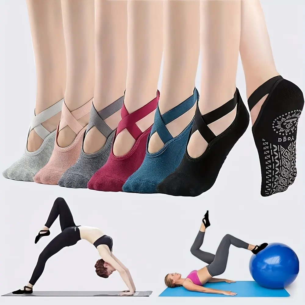 6 Pairs of Women's Yoga Socks, Silicone Non-Slip Boat Socks, Cross Lace-Up Fitness Pilates, Soft and Comfortable Dance Indoor Sports Socks