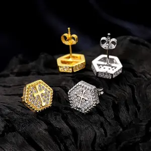 Hip Hop Earrings for Men -  Plated Zirconia , Hexagonal Diamond Earrings, Gangster Bling Jewelry,  Men's Accessories
