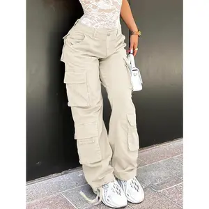 Plus Size Y2K Pants, Women's Plus Solid Wide Leg Baggy Cargo Pants With Flap Pockets