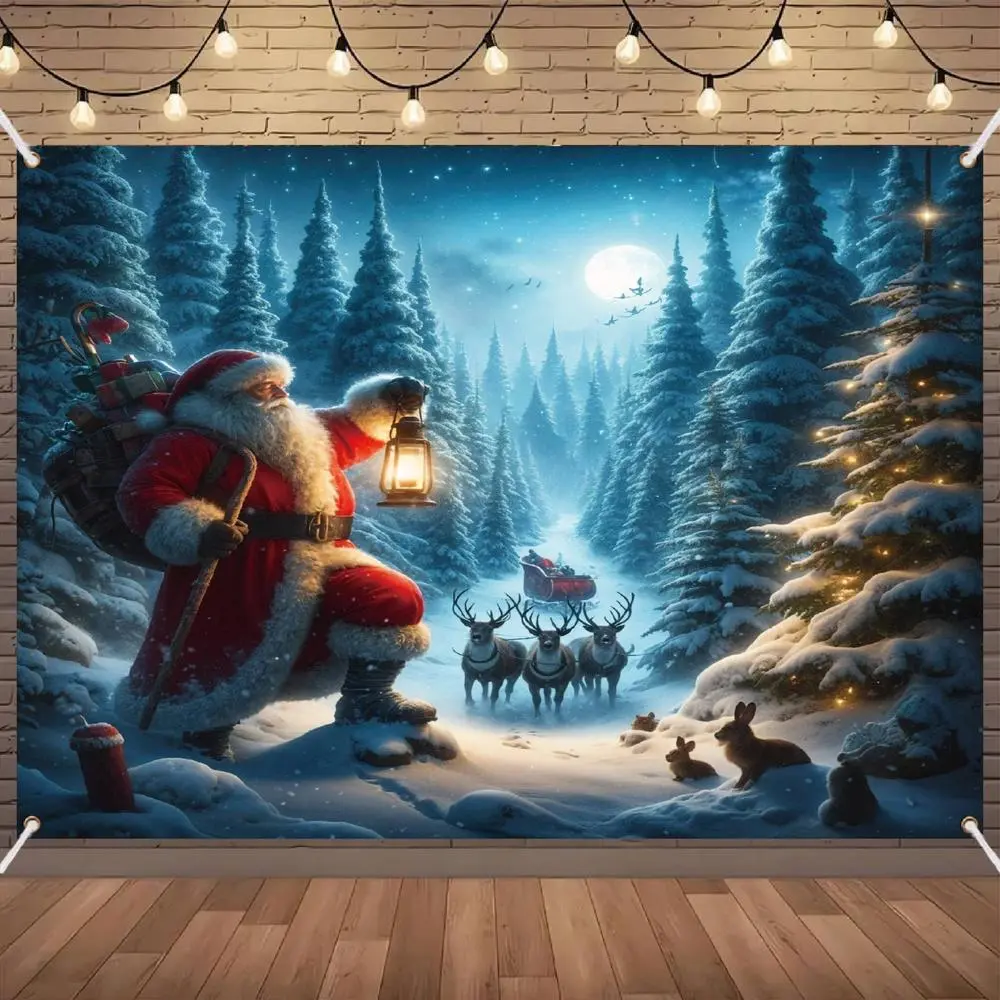 Vibrant Santa & Reindeer Lighted Christmas Banner - Large Polyester Outdoor Decor, Garage Holiday Ornament with Lights, Ideal for Exterior Holiday Shots, Lighted Banner