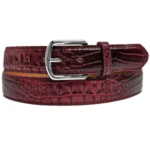 Men Dark Red FAKE FAUX Alligator Skin Leather Belt Silver Buckle