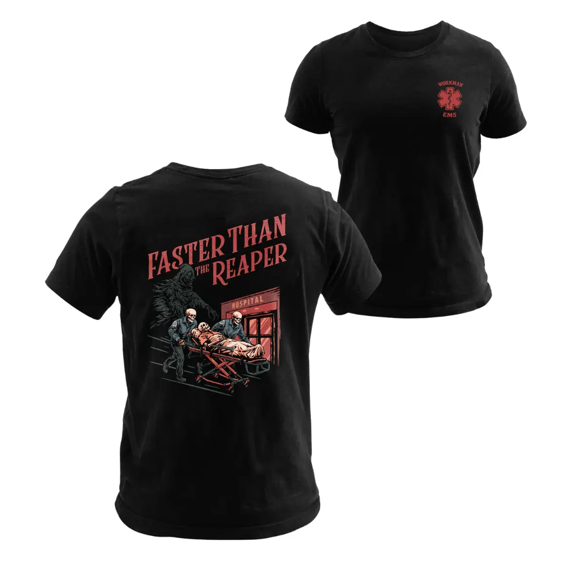 EMS Paramedic EMT Short-Sleeve Round Neck T-Shirt, Funny 'Worked to Death' Reaper Graphic Casual Humor Top, Shortsleeve