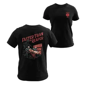 WORKED TO DEATH Faster Than The Reaper EMS Paramedic T-Shirt Funny Ambulance EMT Emergency Humor Graphic Tee Black