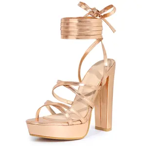 BLISSFUL STEP Lace Up Platform Block High Heel Strappy Sandals for Women