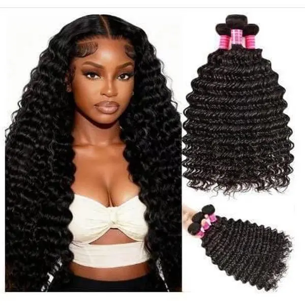 Human hair deep wave 3 Bundles 18,20,22 inch 12A curly Water wave human hair extensions for women double weft weavy wavy 200% density 100% unprocessed……