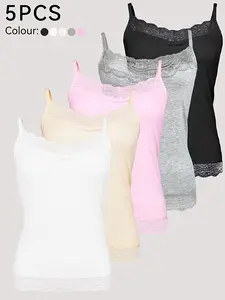 5pcs Modal Camisole Vest Lace Patchwork Strap Tank Top Summer Solid Color Soft Skin-friendly Base Shirt for Women