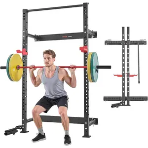VEVOR Folding Power Cage, Wall - Mounted Power Rack Squat Rack, Multifunctional Strength Training Workout Equipment with Landmine Holder, Adjustable J - Hooks Pull - Up Bar for Home Gym, 1000LBS CapacityVEVOR Super Brand Day