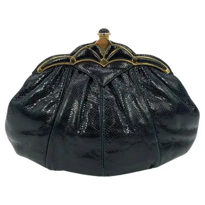 Pre-owned JUDITH LEIBER Lizard Leather Clutches & Wristlets Leiber Black Lizard Gold Scallop Top Clutch