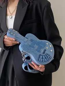 Ladies' Fashionable Shoulder Bag with Guitar Bag Design, Trendy and Personalized Daily Commuting Accessory, Perfect for School and Gifts, Denim Crossbody Bags