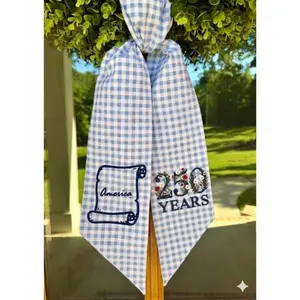 America 250th Anniversary Sash, Patriotic Gingham Embroidered Window Bow Gift for USA Independence Day 2026
