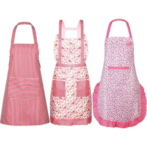 3 Pack Floral Aprons for Women with Pockets - Adjustable Waist Waterproof Kitchen Apron for Cooking, Baking, Gardening, Gift for Mom, Wife, Grandma No Brand