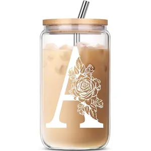 Gifts for Women, Birthday Christmas Mothers Day Thank You Gifts, Personalized Monogrammed Gifts for Sister Mom  Wife  Ideas 2024 A Coffee Iced Cute Glass Cups with  and Straws