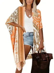 Elegant Floral Print Casual Beach Top, Versatile Open Front Cardigan, Fashionable Women's Outerwear for Vacation, Beach Cover Up