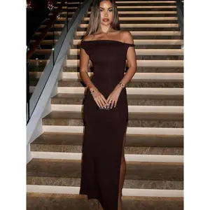 Women’s Asymmetrical Neckline Dress with Hem Slit, Elegant Solid-Color Long Dress for Parties and Wedding Guests, Women’s Summer Clothing, Wedding Gown GARMENTARY