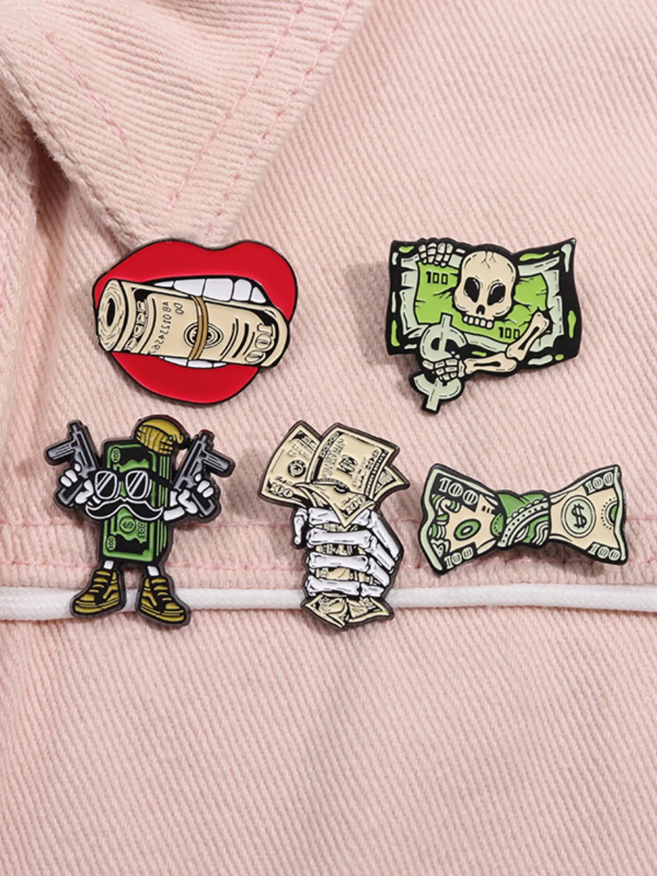 5 Piece Set Dollar Bill Enamel Pins Creative Punk Skull Million Dollar Alloy Brooches Lapel Backpack Badge Fashion Jewelry Accessories Gifts for Friends
