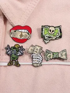 5 Piece Set Dollar Bill Enamel Pins Creative Punk Skull Million Dollar Alloy Brooches Lapel Backpack Badge Fashion Jewelry Accessories Gifts for Friends