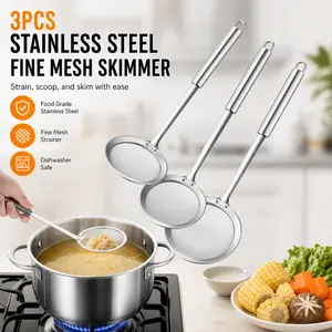 Stainless Steel Fat Skimmer Spoon – Set of 3pcs Professional Fine Mesh Food Strainer, Hot Pot Skimmer with Long Handle for Skimming Grease, Gravy, Foam, Oil & Frying, Satisfying Kitchen Tool