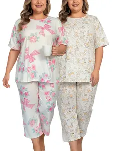 LONAGIRL Plus Size 1XL-5XL Women's 2-Pack Floral Pajama Set Short-Sleeve Top & Capri Pants Comfortable Loungewear Nightwear Homewear