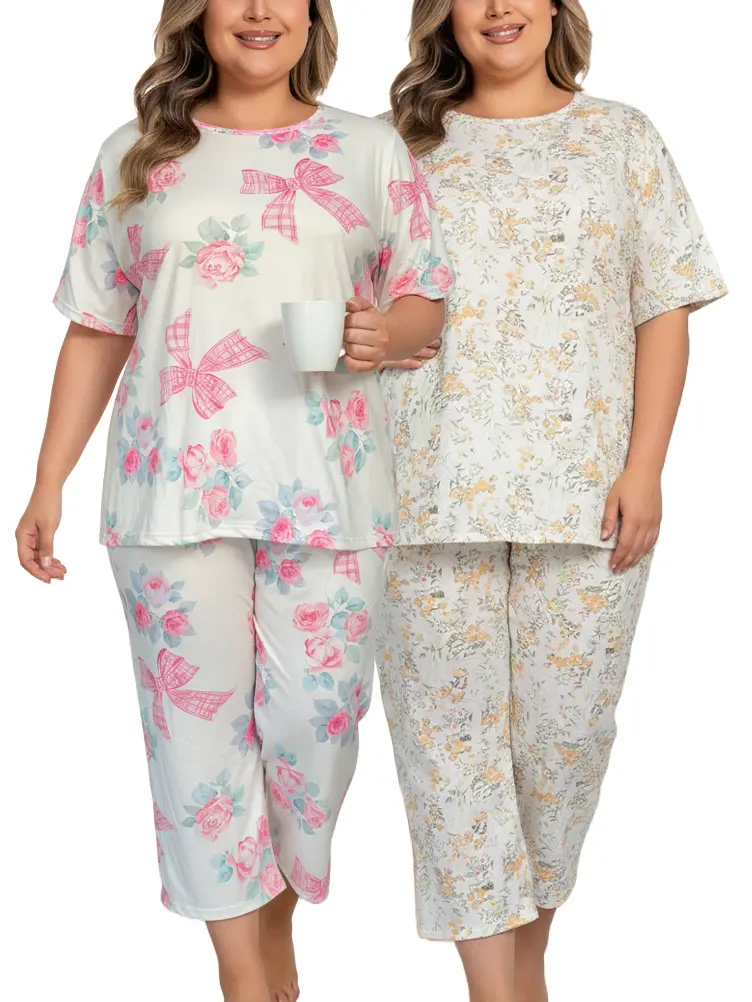 LONAGIRL Pajama Sets for Plus Size Women, 2-Pack Soft Knit Short-Sleeve Floral Print Top and Capri Pants, Comfortable Loungewear, Shortsleeve, Pyjamas