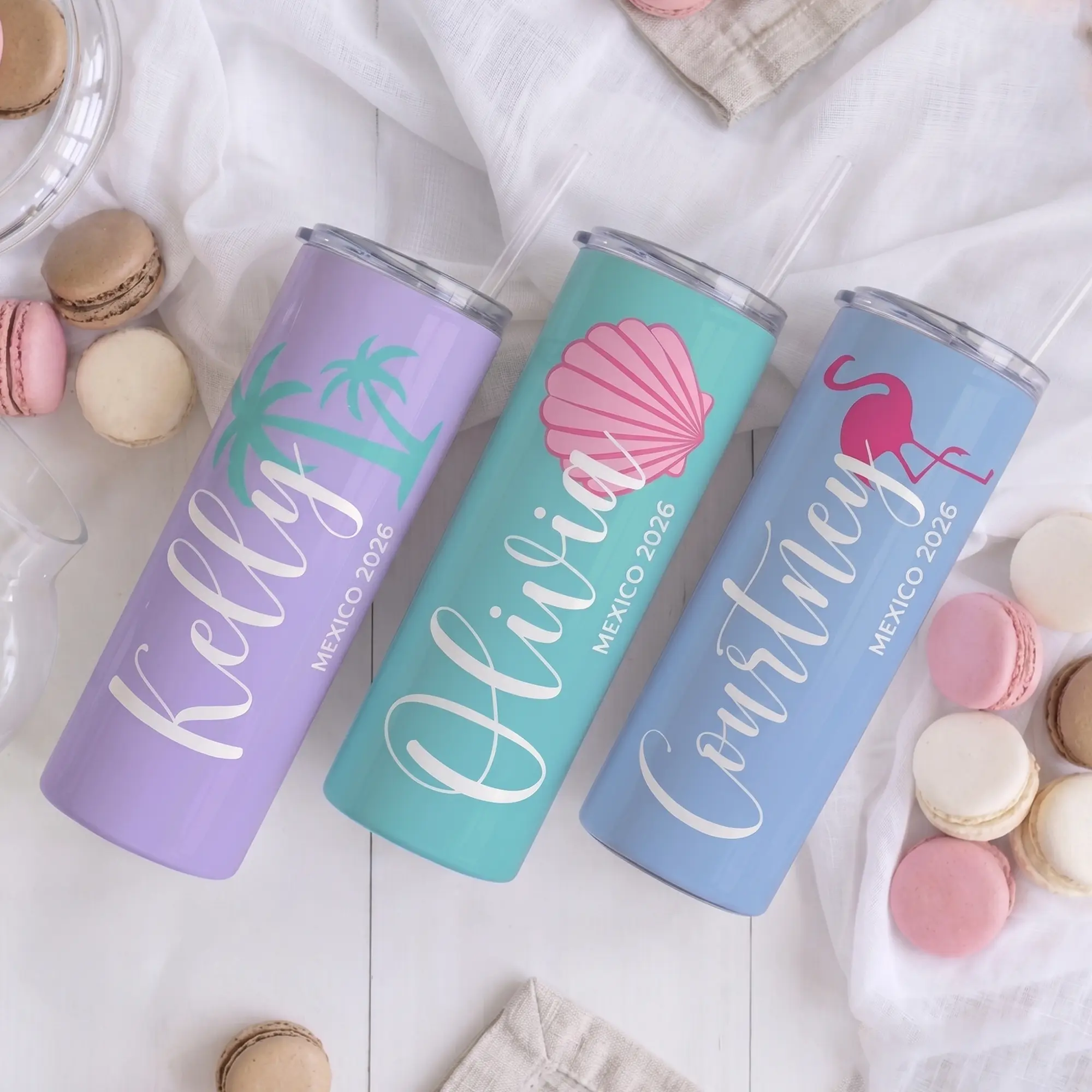 BojjiCo Personalized Skinny Tumblers Bachelorette Party Favors Girls Trip Vacation Cups Tropical Beach Preppy Aesthetic Pastel Stainless Steel Insulated Cups with Straws Custom Name Palm Tree Flamingo Seashell Bridesmaid Gift Cups