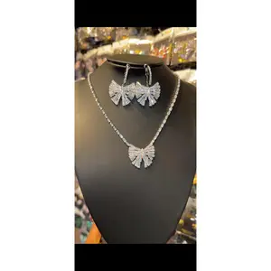 Sparkling Statement Necklace Earrings Set Rhinestone Fan Bow Pendant Bridal Prom Jewelry