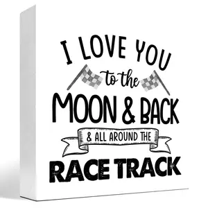 I Love You To The Moon And All Around Race Track Wood Box Sign Desk Decor Farmhouse Racing Checkered Flags Block For Home Room Shelf Table Decorations