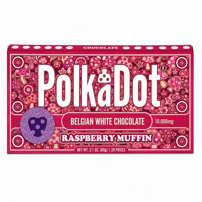 Polkadot Belgian Chocolate, Raspberry Muffin, 20 Count, High Potency Plant-based Mushroom Snack, 100% Organic, High-Quality Ingredients, Made in USA, All Natural, Healthy Chocolate, 20 Piece Chocolate Bar
