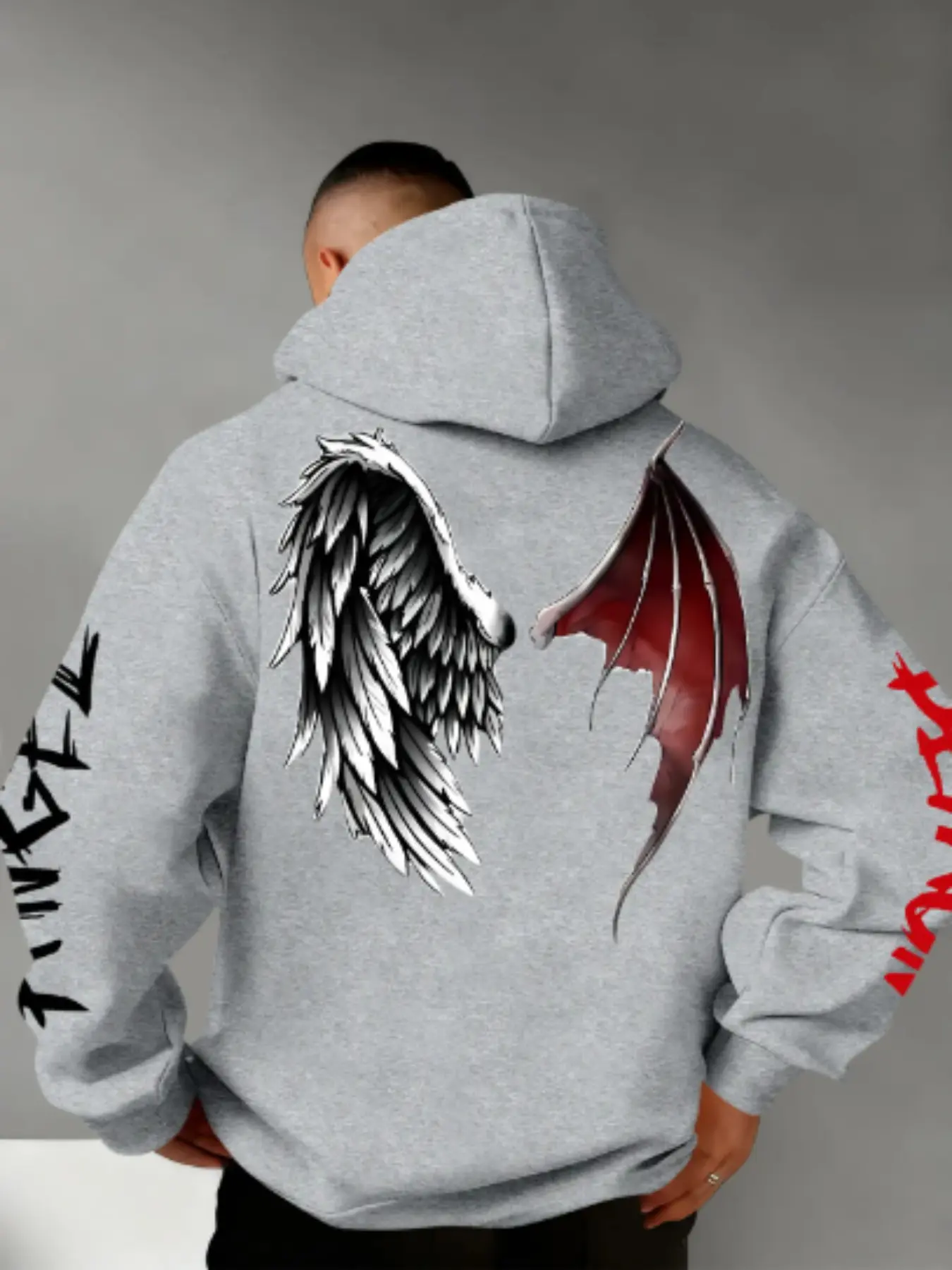 Men's Angel & Demon Wings Print Hoodie Graphic Sweatshirts, Soft Stretch Knit Fabric, Casual Fitted Design, All Seasons Wear, Graphic Hooded Sweatshirt, Fun Style Essential, Graphic Hoodies