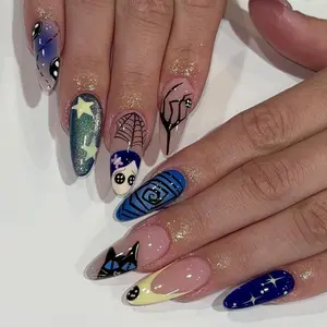 Coraline Inspired Long Stiletto Press On Nails, Blue and Nude Nail Art with Stars, Cat, Webs and Button Eyes Design