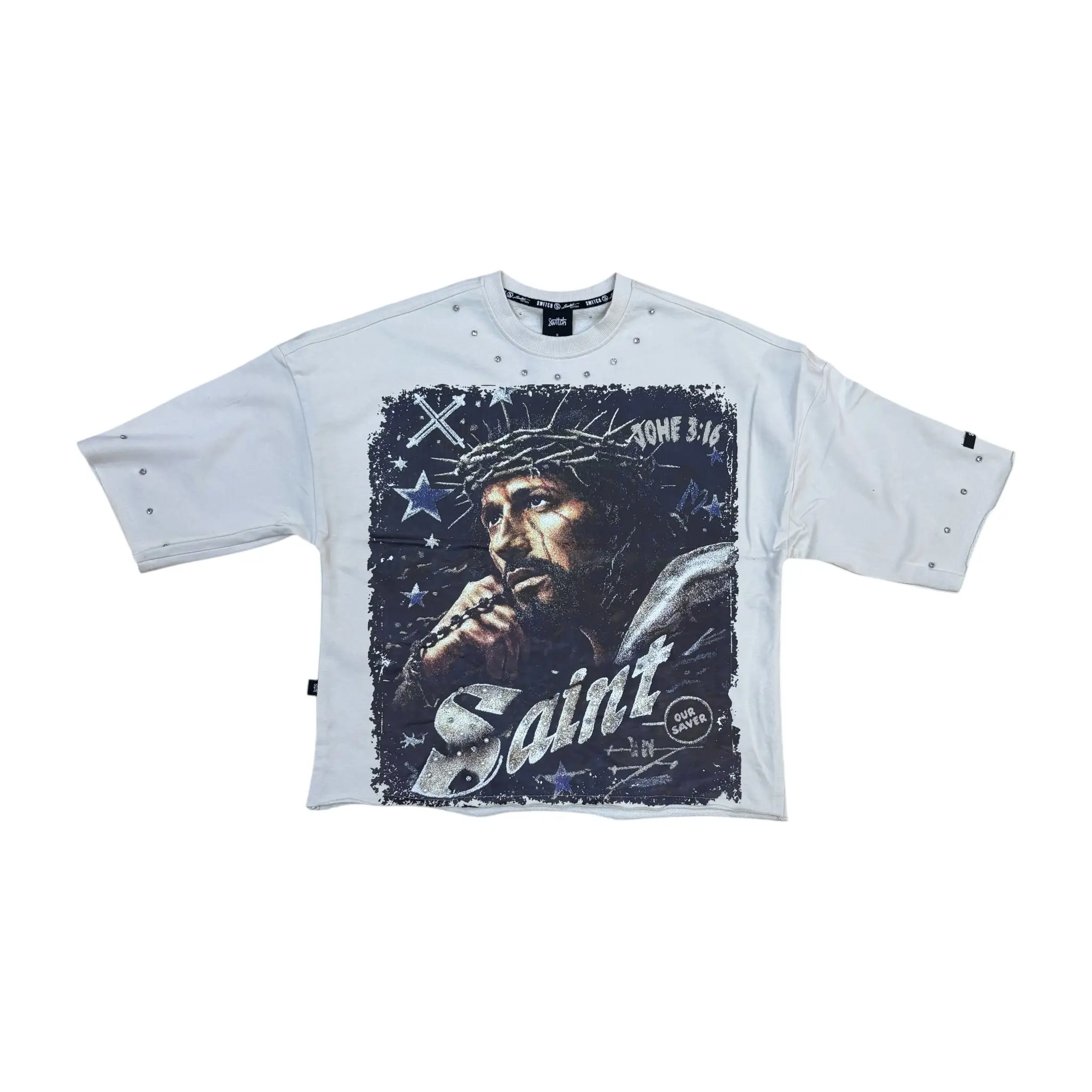 WH-SW6155 - Saint with Studs Cropped Top Graphic T-Shirt