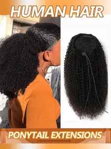 Afro Drawstring Ponytail Human Hair Bun for Women, Kinky Curly Clip in Ponytail Extension, Natural Color Human Hair Pieces, Drawstring Ponytail Extensions