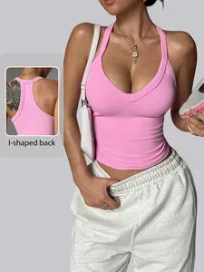 Women's Seamless Halter Neck Vest, Deep V Backless Top, Stretchy Ribbed Fabric, Perfect for Gym, Yoga, Daily Wear, Versatile Styling, Sports Vest Top, Workout Sportswear, Yoga Tops