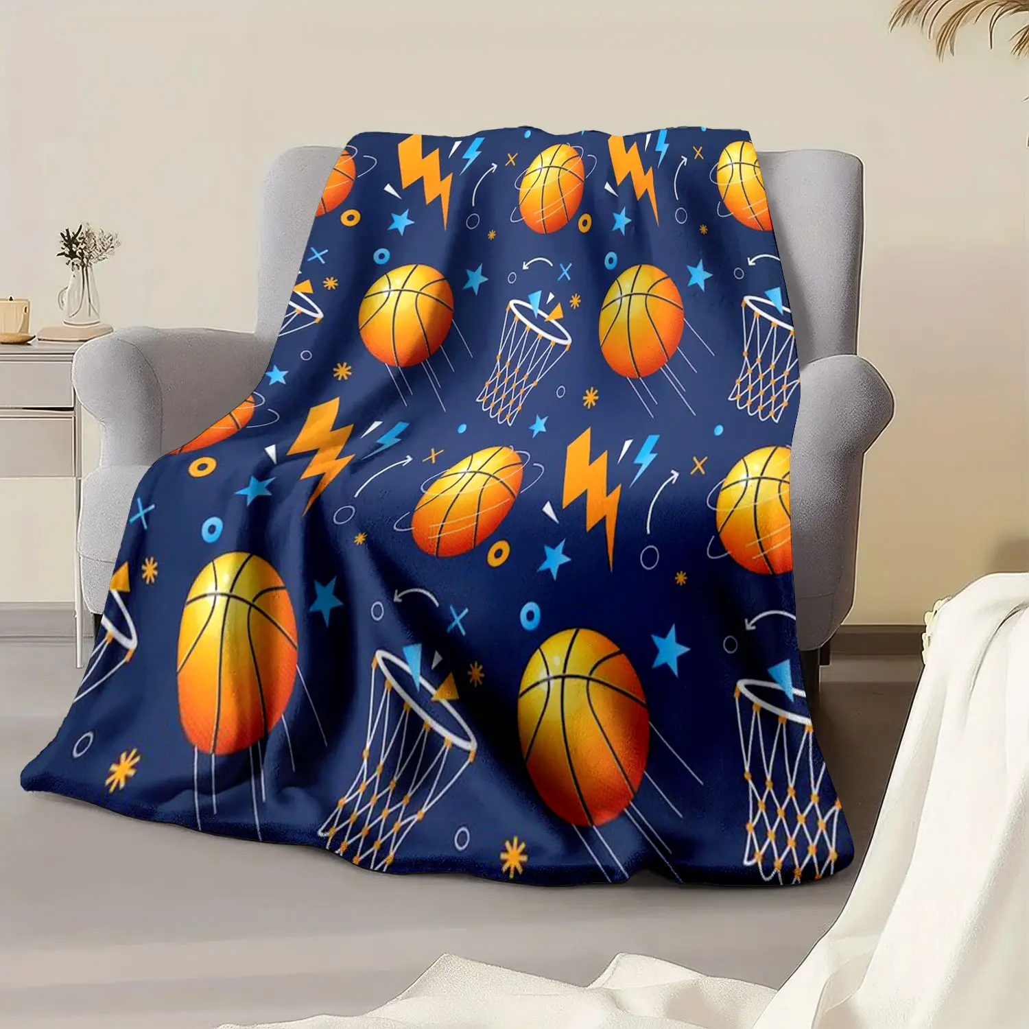 Custom Name Basketball Theme Polyester Blanket, Anti-Tear, All-Season Knit Fabric, Soft Flannel Print Throw for Sofa Bed Travel Camping