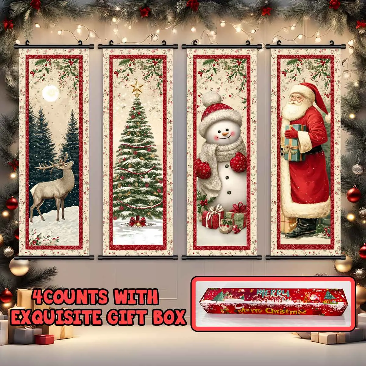 4-Piece Christmas Wall Art Set, Santa Claus & Snowman Designs, Modern Festive Decorations, High-Quality Prints, Perfect Gift Box Included