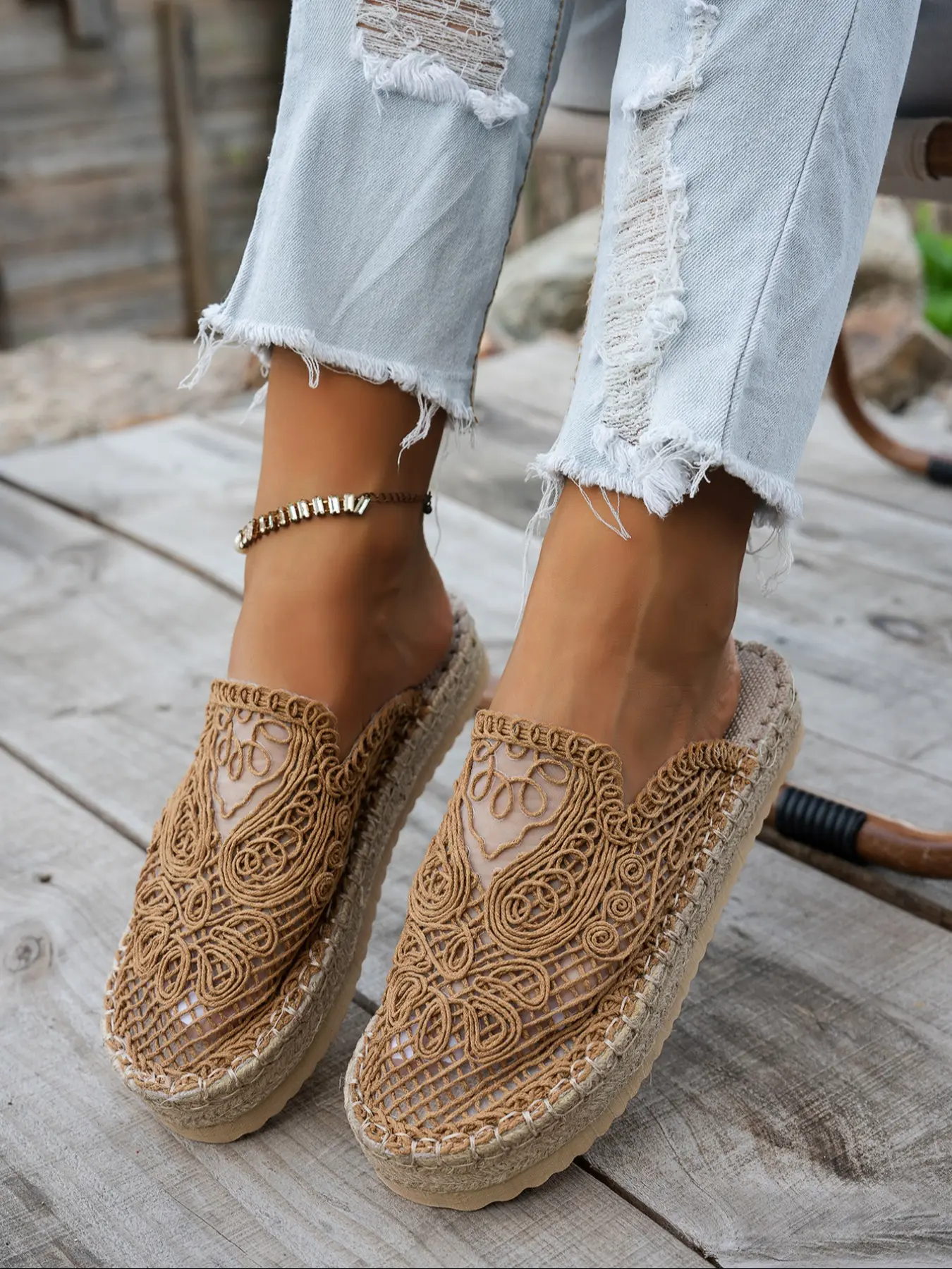 Women's Boho Straw Slippers, Soft Sole Slippers, Summer Beach Shoes, Vintage Ethnic Style, Casual Indoor & Outdoor Wear, All Seasons Footwear, Soft, Slide