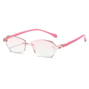 1 Pair Chic Diamond-Cut Rimless Reading Glasses for Women - Lightweight, Frameless Computer Readers with Pink Lenses & Purple Accents, Polycarbonate Frame, Reading Glasses Women's Progressive