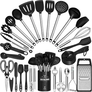 Kitchen Utensils Set-34 Pcs Silicone Cooking Utensils Set for Nonstick Cookware-Silicone Spatulas Set, Stainless Steel Handle-Black Kitchen Gadgets Tools, Pots and Pans Accessories