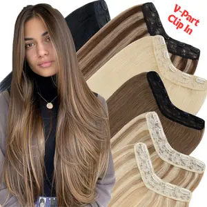 V Shape Russian One Piece 100% Remy Human Hair Extensions Clip In Real Remy Hair with 4 Clips U Shaped V-Part Invisible Hair Weft