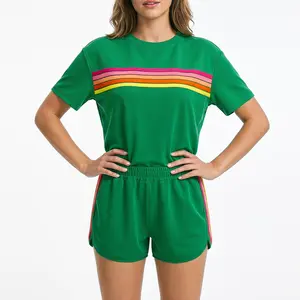Rainbow Vibrant Strip Color-Block Matching Female Sets | Women's Shorts & Tee Casual Lounge Outfit - Comfy Streetwear PJs Two-Piece for Summer | Striped Color-Block Lounge PJs Set |  Everyday Outdoor Sportswear Womenswear Clothes