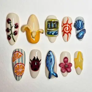 Whimsical Summer Press On Nails, Vibrant Almond Nail Set, Fish Nails, Fruit Nails, 3D Press On Nails, Ocean Press On, Fruit Press On Nails