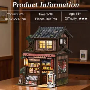 Spring Day Grocery House DIY Bookshelf Kit, 3D Wooden Puzzle Mini Dollhouse Set, LED Light Shelf Decoration, Wood Dollhouse Accessories