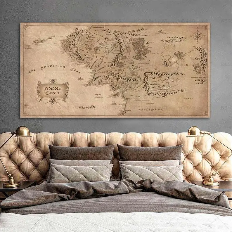 Retro The-Lord-of-Rings Map Poster Vintage Middle-earth Map Canvas Painting Movie Wall Art Pictures for Home Decor