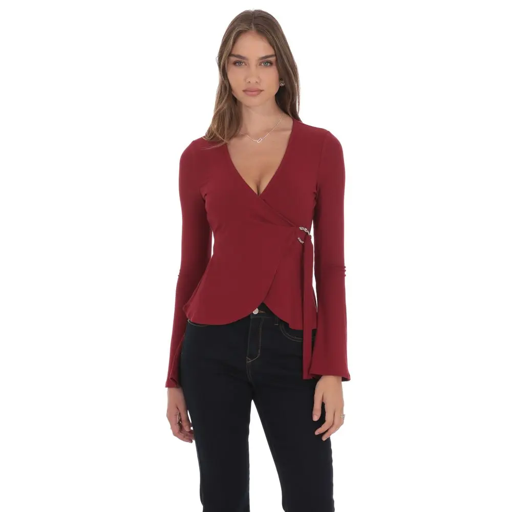 Embellished Wrap Top in Maroon